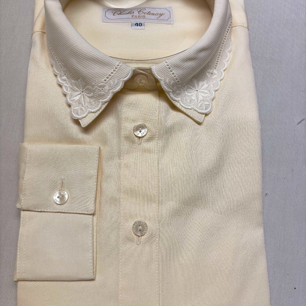 Charles Cotonay Paris Pale Yellow Cotton Lace Long Sleeve Shirt sz 40